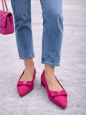Fuchsia Suede Pointed Flats Chic Bow Detail Size 9